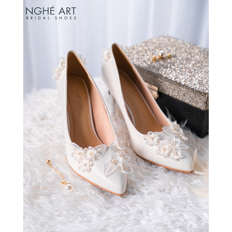 Giày cưới Nghé Art cao gót đính hoa lá voan trắng 525-377-10p-nhu-trang - Ảnh 2 - Nghé Art Bridal Shoes – 0822288288