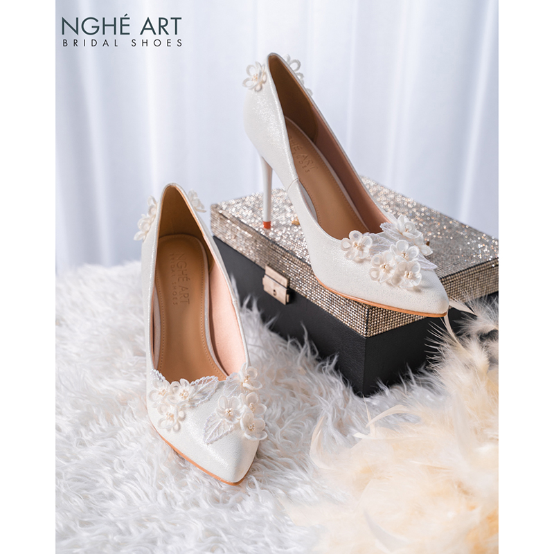 Giày cưới Nghé Art cao gót đính hoa lá voan trắng 525-377-10p-nhu-trang - Ảnh 3 - Nghé Art Bridal Shoes – 0822288288