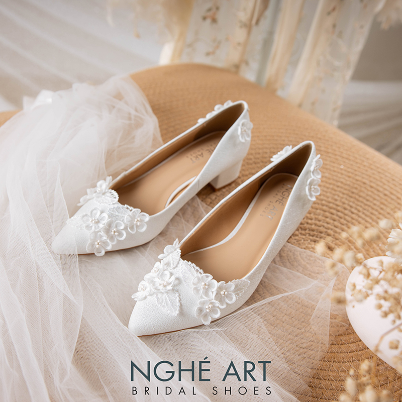 Giày cưới Nghé Art 4 cm đính hoa lá voan trắng 525-TRANG-274-4P-NHU-TRANG - Ảnh 5 - Nghé Art Bridal Shoes – 0822288288