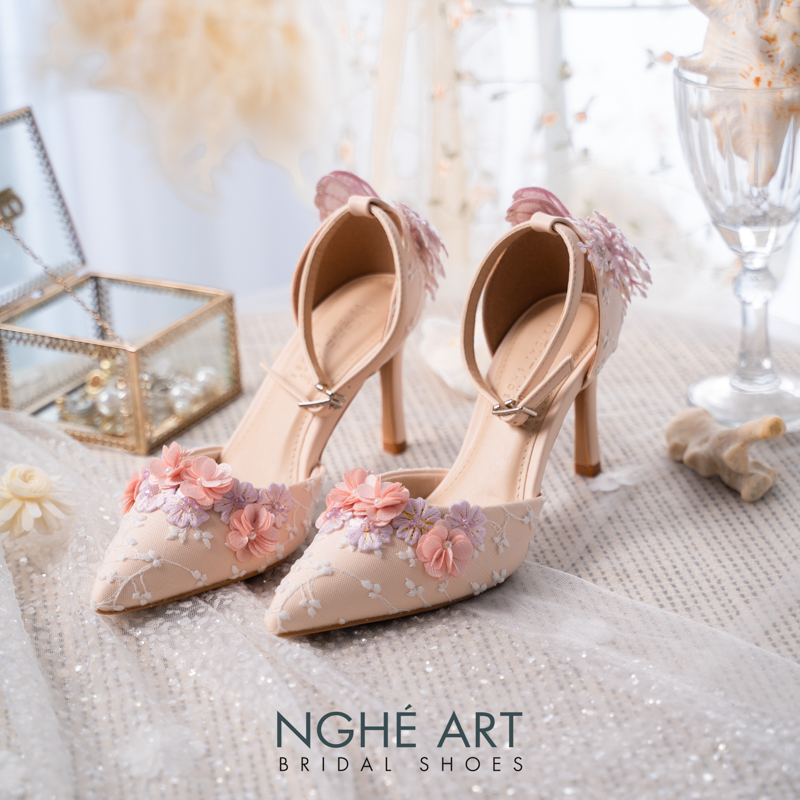 Giày cưới Nghé Art ren hoa hồng vintage 528-340-9P-DA-NUDE - Ảnh 1 - Nghé Art Bridal Shoes – 0822288288