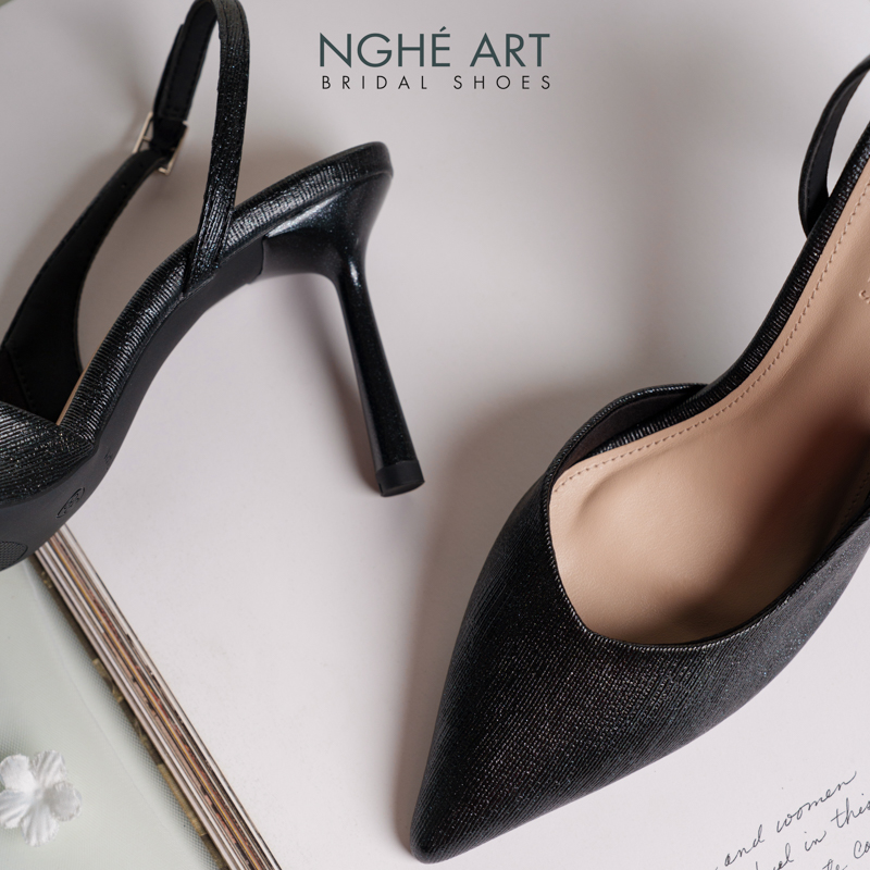 Giày cưới Nghé Art basic form slingback cao gót 9 cm phân nhũ đen 535-9P-NHU-DEN - Ảnh 1 - Nghé Art Bridal Shoes – 0822288288