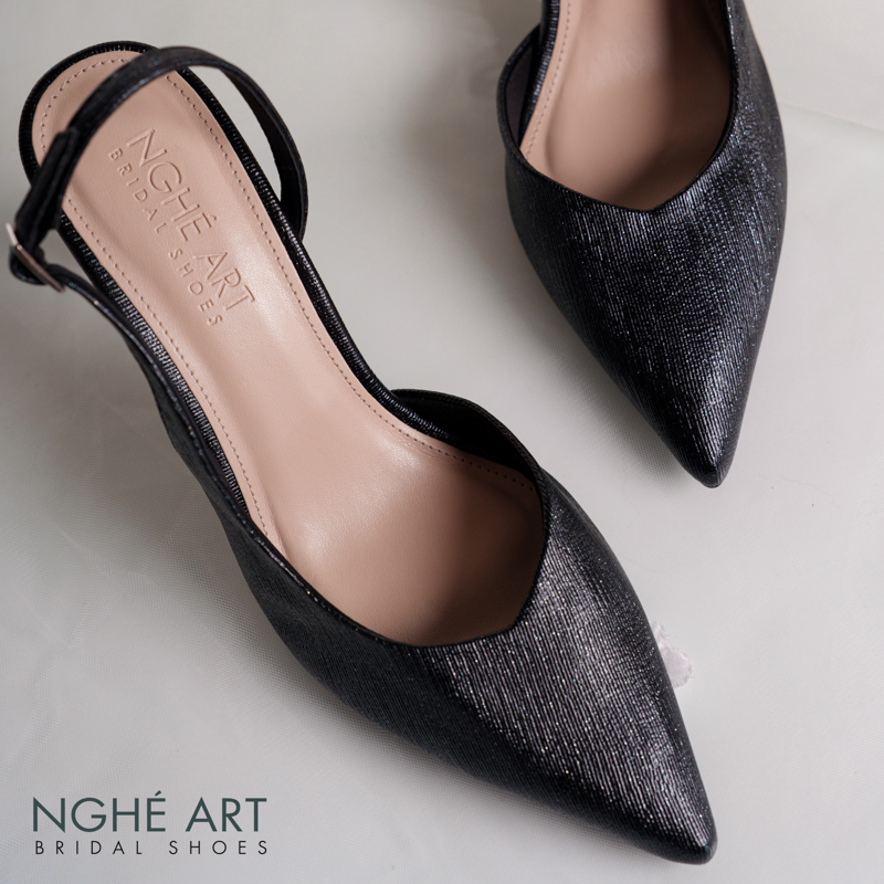 Giày cưới Nghé Art basic form slingback cao gót 9 cm phân nhũ đen 535-9P-NHU-DEN - Ảnh 2 - Nghé Art Bridal Shoes – 0822288288