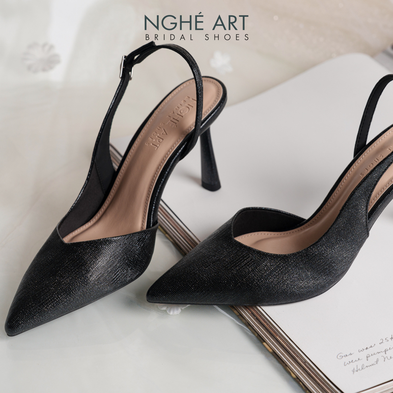 Giày cưới Nghé Art basic form slingback cao gót 9 cm phân nhũ đen 535-9P-NHU-DEN - Ảnh 3 - Nghé Art Bridal Shoes – 0822288288