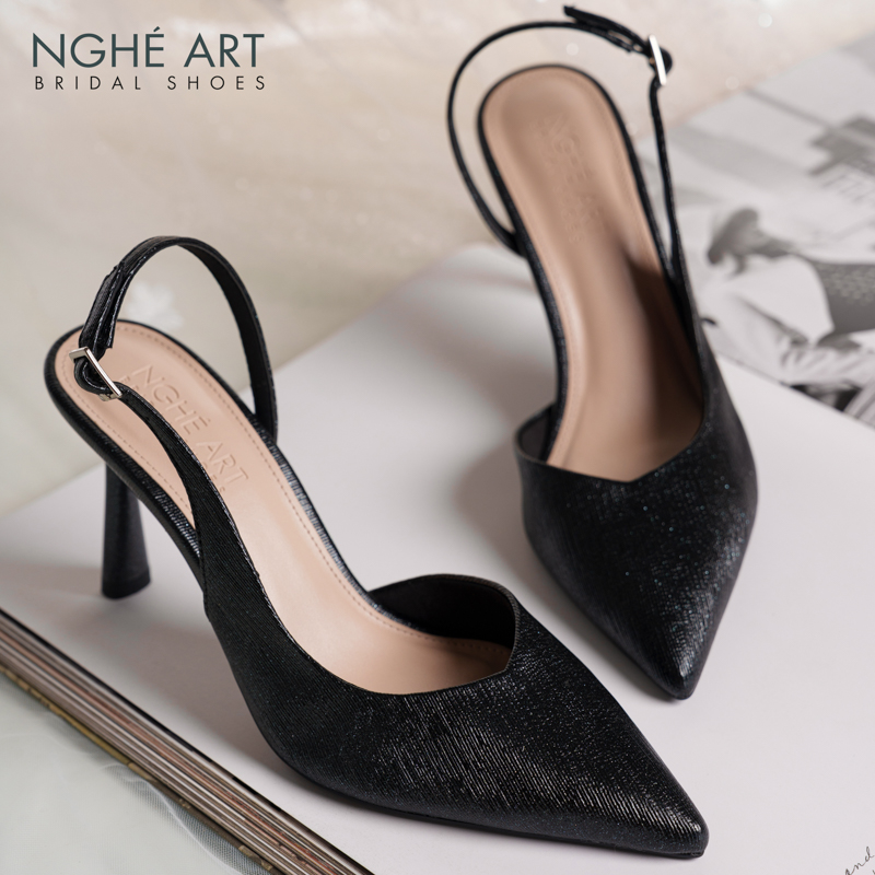 Giày cưới Nghé Art basic form slingback cao gót 9 cm phân nhũ đen 535-9P-NHU-DEN - Ảnh 4 - Nghé Art Bridal Shoes – 0822288288