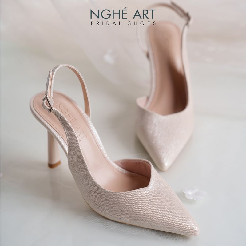 Giày cưới Nghé Art basic form slingback cao gót 9 cm phân nhũ vàng champagne 535-9P-NHU-VANG - Ảnh 1 - Nghé Art Bridal Shoes – 0822288288