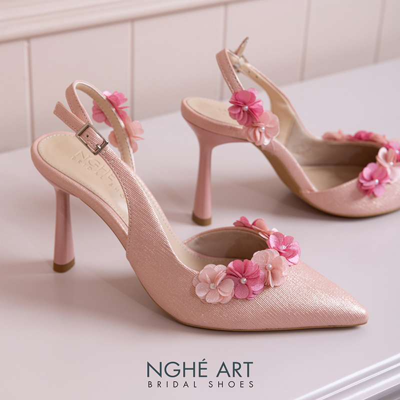 Giày cưới Nghé Art dáng slingback đính hoa tú cầu hồng 538-HONG-535-NHU-HONG - Ảnh 3 - Nghé Art Bridal Shoes – 0822288288