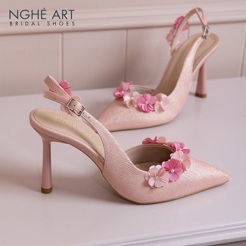 Giày cưới Nghé Art dáng slingback đính hoa tú cầu hồng 538-HONG-535-NHU-HONG - Ảnh 4 - Nghé Art Bridal Shoes – 0822288288