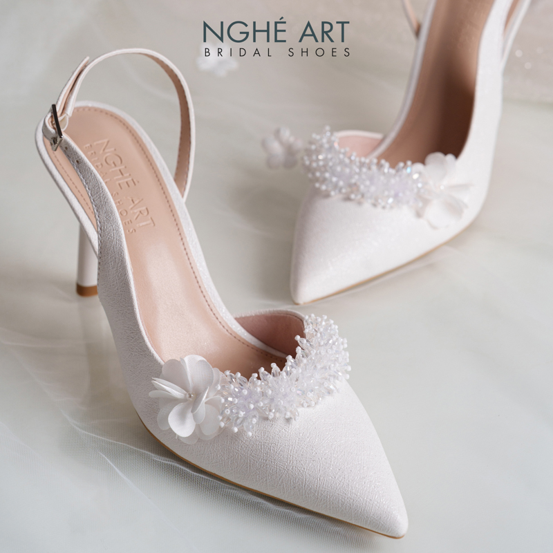 Giày cưới Nghé Art form slingback đính pha lê điểm hoa lụa 540-535-NHU-TRANG - Ảnh 1 - Nghé Art Bridal Shoes – 0822288288