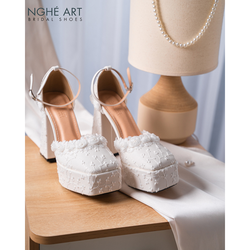 Giày cưới Nghé Art cao gót form Mary Jane ren hoa hồng 541-470-13p-da-trang - Ảnh 1 - Nghé Art Bridal Shoes – 0822288288