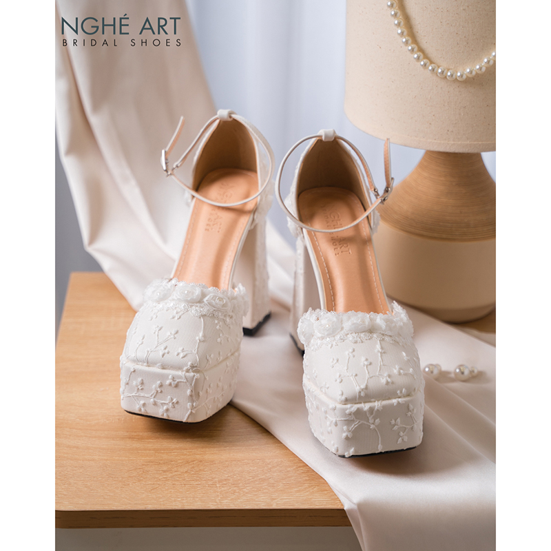 Giày cưới Nghé Art cao gót form Mary Jane ren hoa hồng 541-470-13p-da-trang - Ảnh 2 - Nghé Art Bridal Shoes – 0822288288