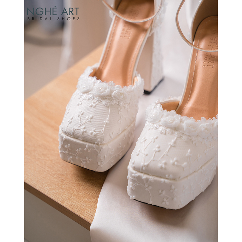 Giày cưới Nghé Art cao gót form Mary Jane ren hoa hồng 541-470-13p-da-trang - Ảnh 4 - Nghé Art Bridal Shoes – 0822288288