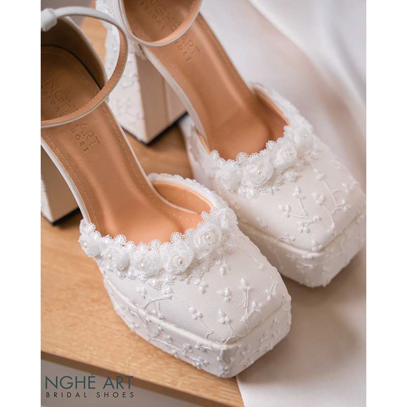 Giày cưới Nghé Art cao gót form Mary Jane ren hoa hồng 541-470-13p-da-trang - Ảnh 5 - Nghé Art Bridal Shoes – 0822288288
