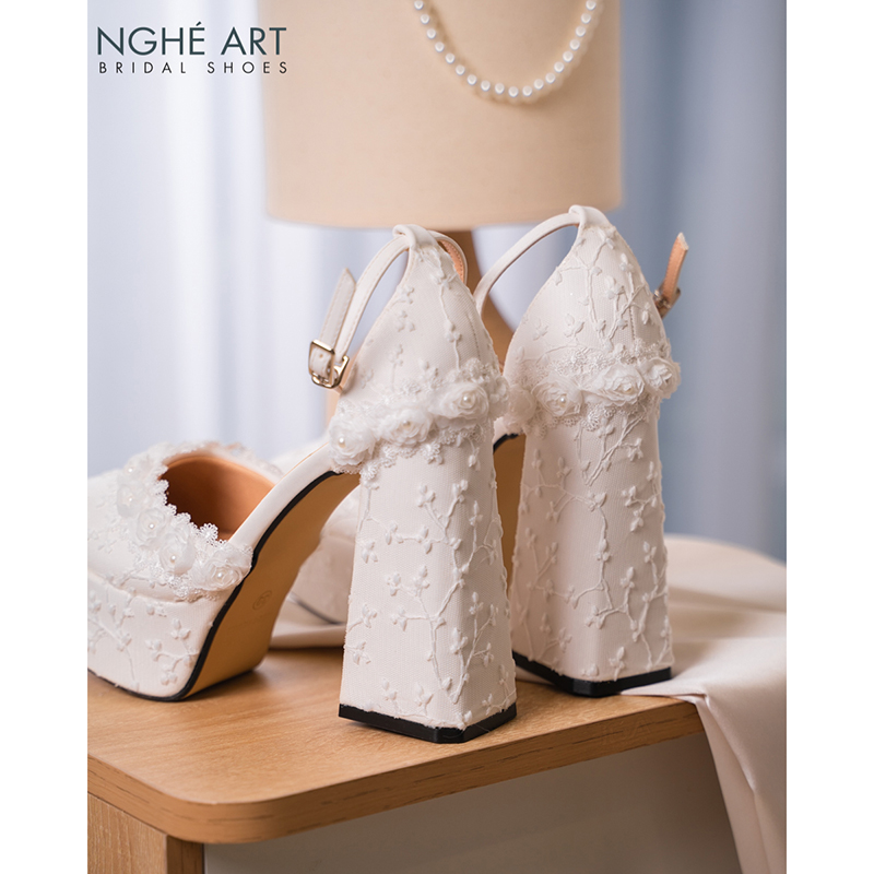 Giày cưới Nghé Art cao gót form Mary Jane ren hoa hồng 541-470-13p-da-trang - Ảnh 6 - Nghé Art Bridal Shoes – 0822288288