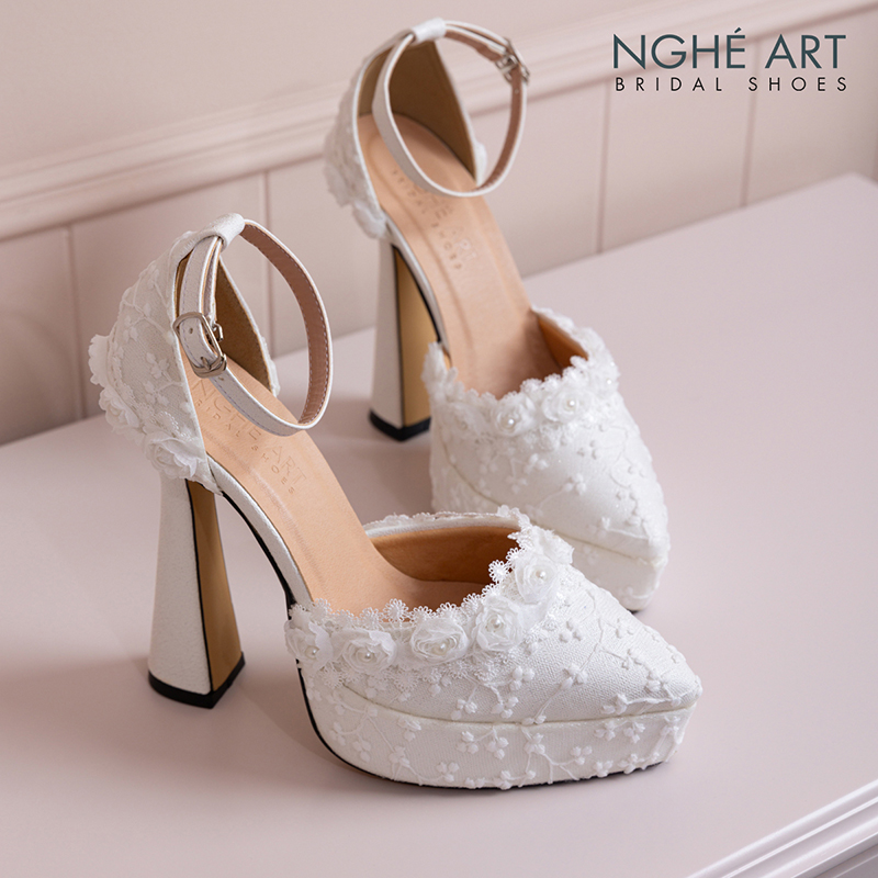 Giày cưới Nghé Art cao 13 cm ren hoa hồng trắng 541-481-13P-NHU-TRANG - Ảnh 1 - Nghé Art Bridal Shoes – 0822288288