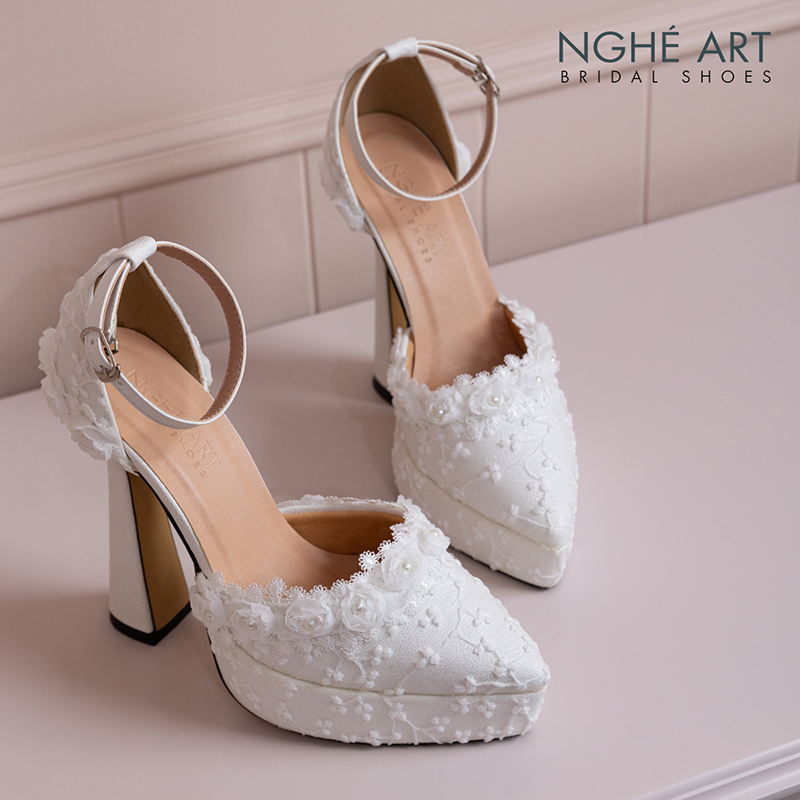 Giày cưới Nghé Art cao 13 cm ren hoa hồng trắng 541-481-13P-NHU-TRANG - Ảnh 2 - Nghé Art Bridal Shoes – 0822288288