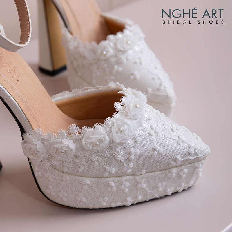 Giày cưới Nghé Art cao 13 cm ren hoa hồng trắng 541-481-13P-NHU-TRANG - Ảnh 3 - Nghé Art Bridal Shoes – 0822288288