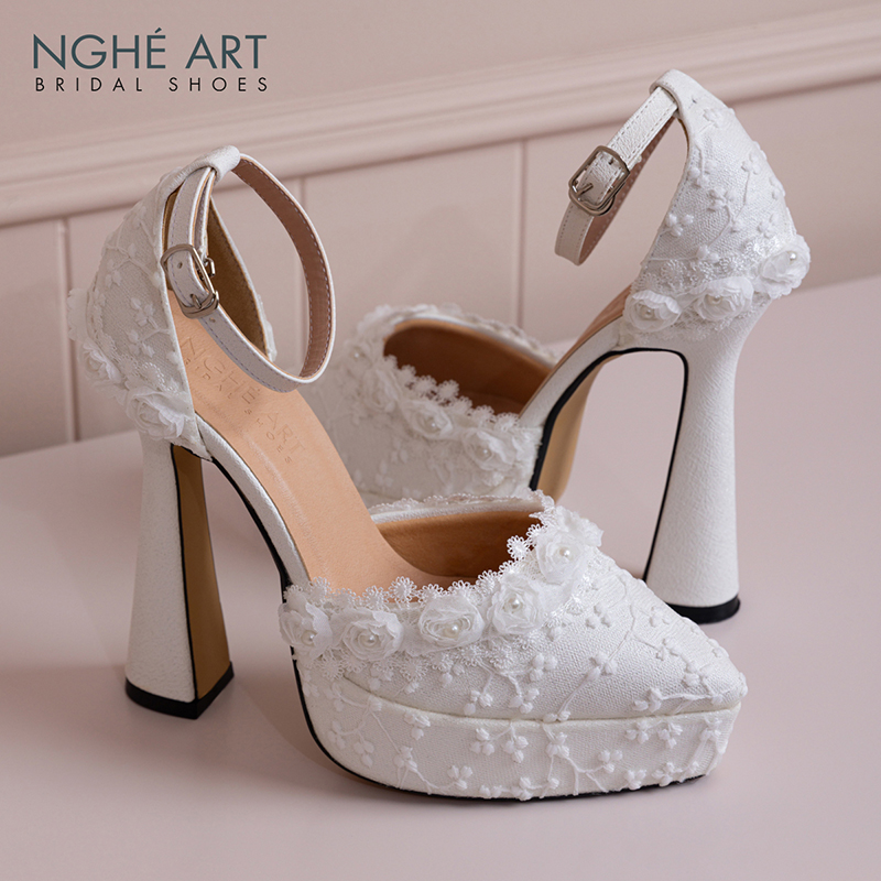 Giày cưới Nghé Art cao 13 cm ren hoa hồng trắng 541-481-13P-NHU-TRANG - Ảnh 4 - Nghé Art Bridal Shoes – 0822288288