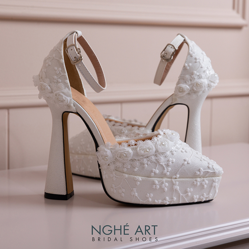 Giày cưới Nghé Art cao 13 cm ren hoa hồng trắng 541-481-13P-NHU-TRANG - Ảnh 6 - Nghé Art Bridal Shoes – 0822288288