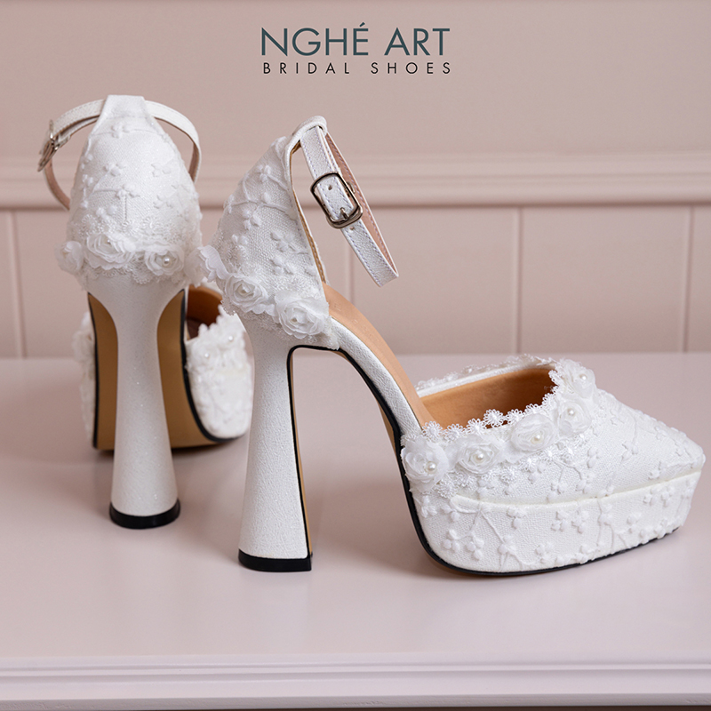 Giày cưới Nghé Art cao 13 cm ren hoa hồng trắng 541-481-13P-NHU-TRANG - Ảnh 8 - Nghé Art Bridal Shoes – 0822288288