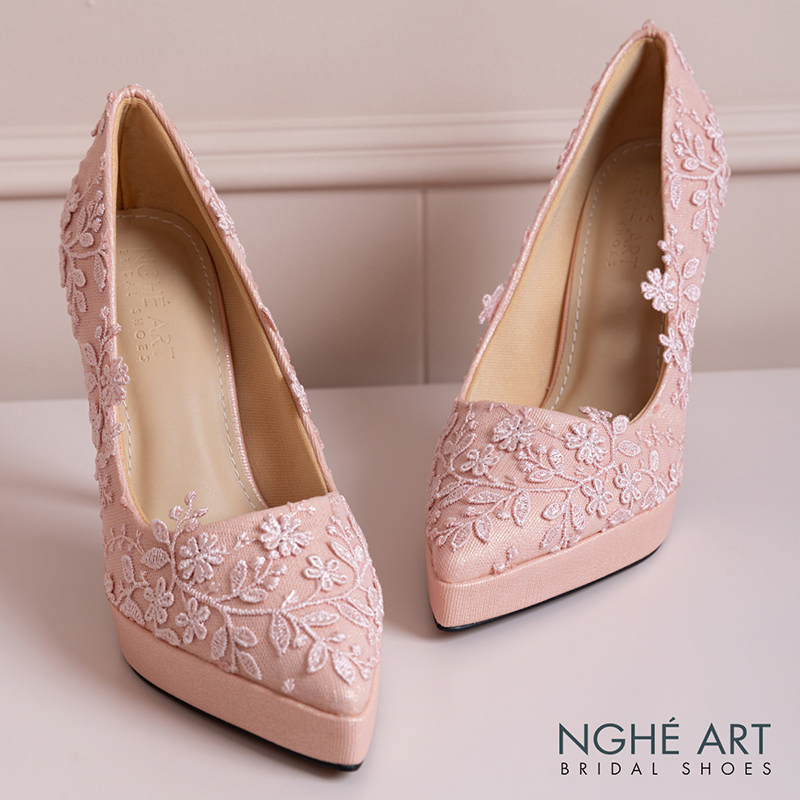 Giày cưới Nghé Art cao 12 cm ren hoa 3D 550-HONG-543-12P-NHU-HONG - Ảnh 1 - Nghé Art Bridal Shoes – 0822288288