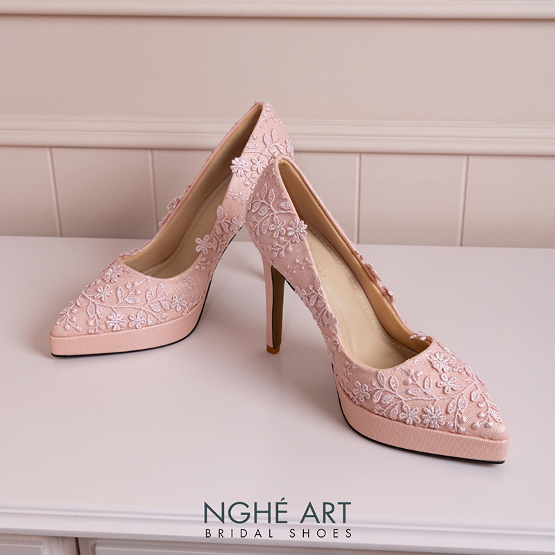 Giày cưới Nghé Art cao 12 cm ren hoa 3D 550-HONG-543-12P-NHU-HONG - Ảnh 3 - Nghé Art Bridal Shoes – 0822288288