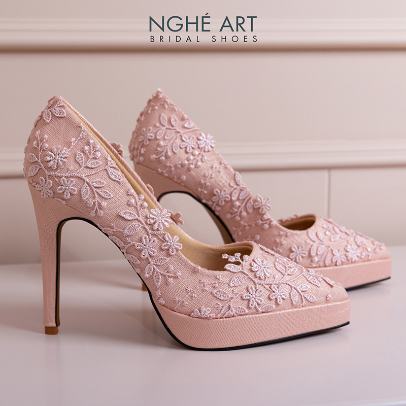 Giày cưới Nghé Art cao 12 cm ren hoa 3D 550-HONG-543-12P-NHU-HONG - Ảnh 6 - Nghé Art Bridal Shoes – 0822288288