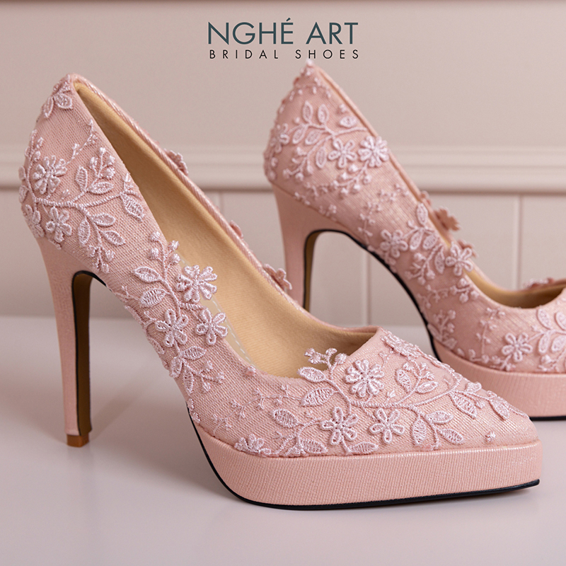 Giày cưới Nghé Art cao 12 cm ren hoa 3D 550-HONG-543-12P-NHU-HONG - Ảnh 7 - Nghé Art Bridal Shoes – 0822288288