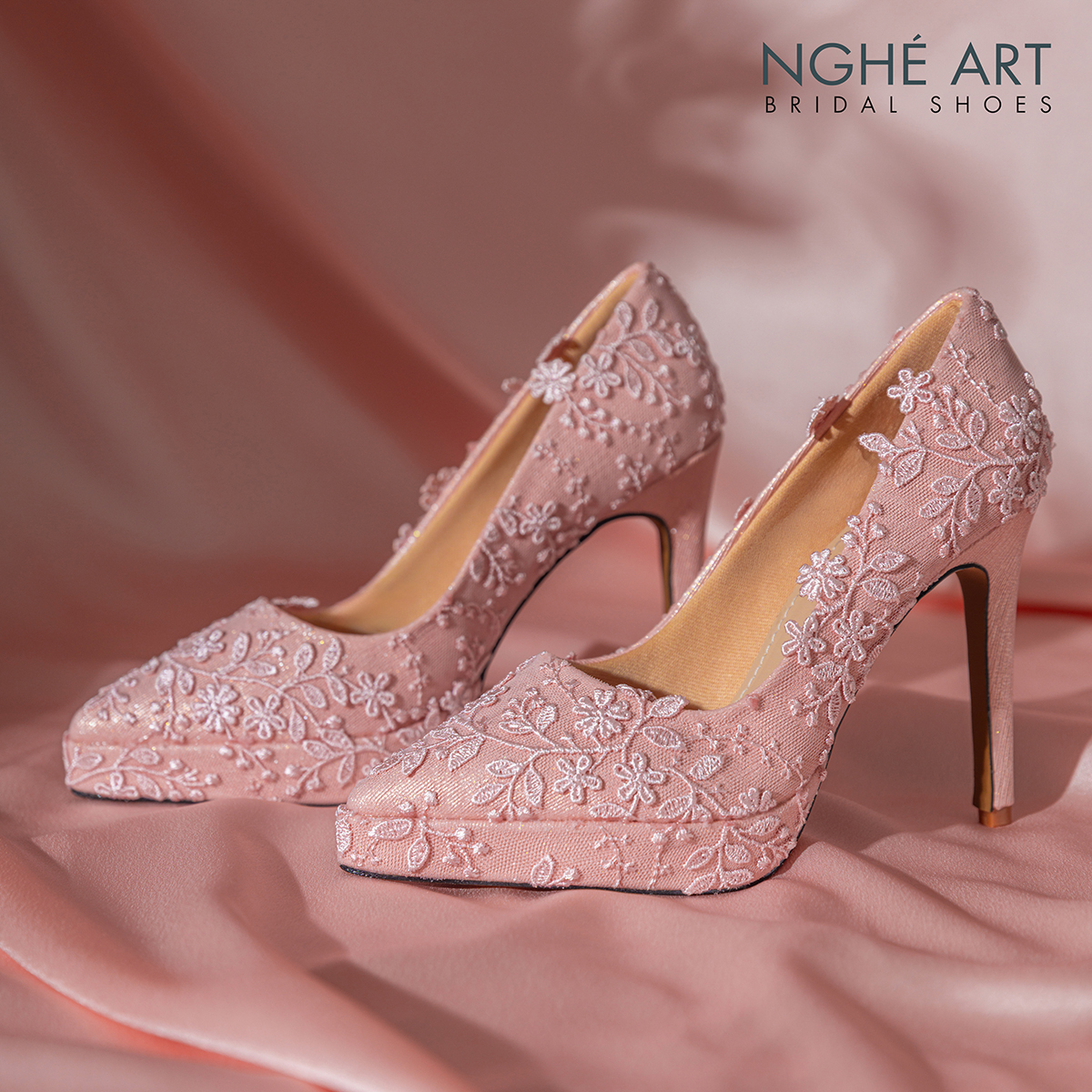 Giày cưới Nghé Art cao 12 cm ren hoa 3D 550-HONG-543-12P-NHU-HONG - Ảnh new 1 - Nghé Art Bridal Shoes – 0822288288