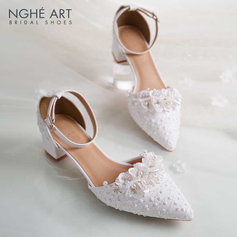 Giày cưới Nghé Art form búp bê cao 4 cm ren hoa ngọc trai 553-211-4P-DA-TRANG - Ảnh 2 - Nghé Art Bridal Shoes – 0822288288