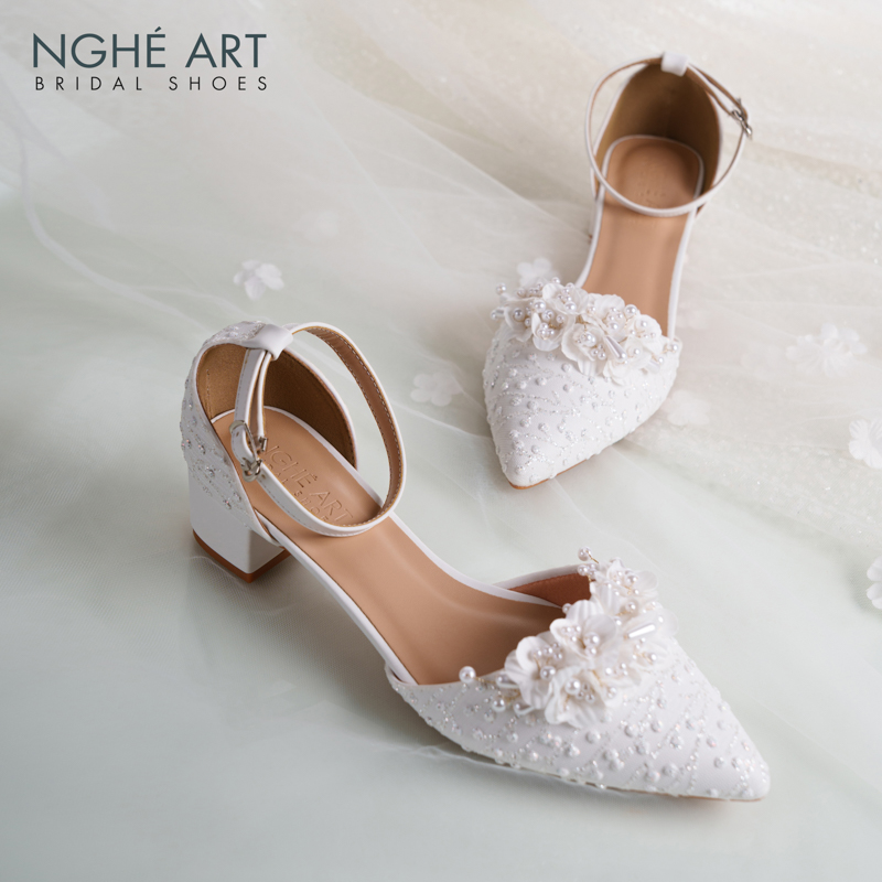 Giày cưới Nghé Art form búp bê cao 4 cm ren hoa ngọc trai 553-211-4P-DA-TRANG - Ảnh 3 - Nghé Art Bridal Shoes – 0822288288