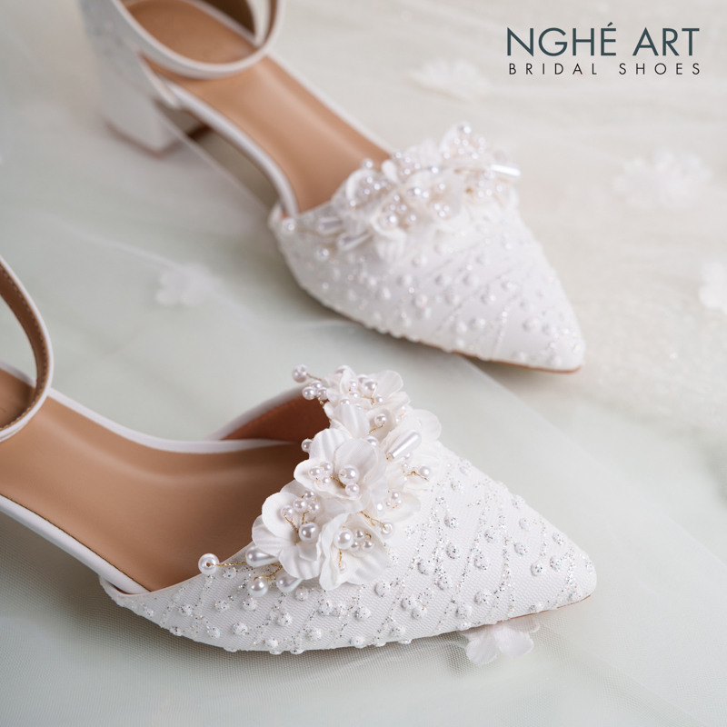 Giày cưới Nghé Art form búp bê cao 4 cm ren hoa ngọc trai 553-211-4P-DA-TRANG - Ảnh 4 - Nghé Art Bridal Shoes – 0822288288