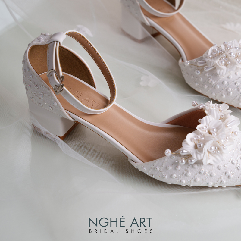 Giày cưới Nghé Art form búp bê cao 4 cm ren hoa ngọc trai 553-211-4P-DA-TRANG - Ảnh 5 - Nghé Art Bridal Shoes – 0822288288