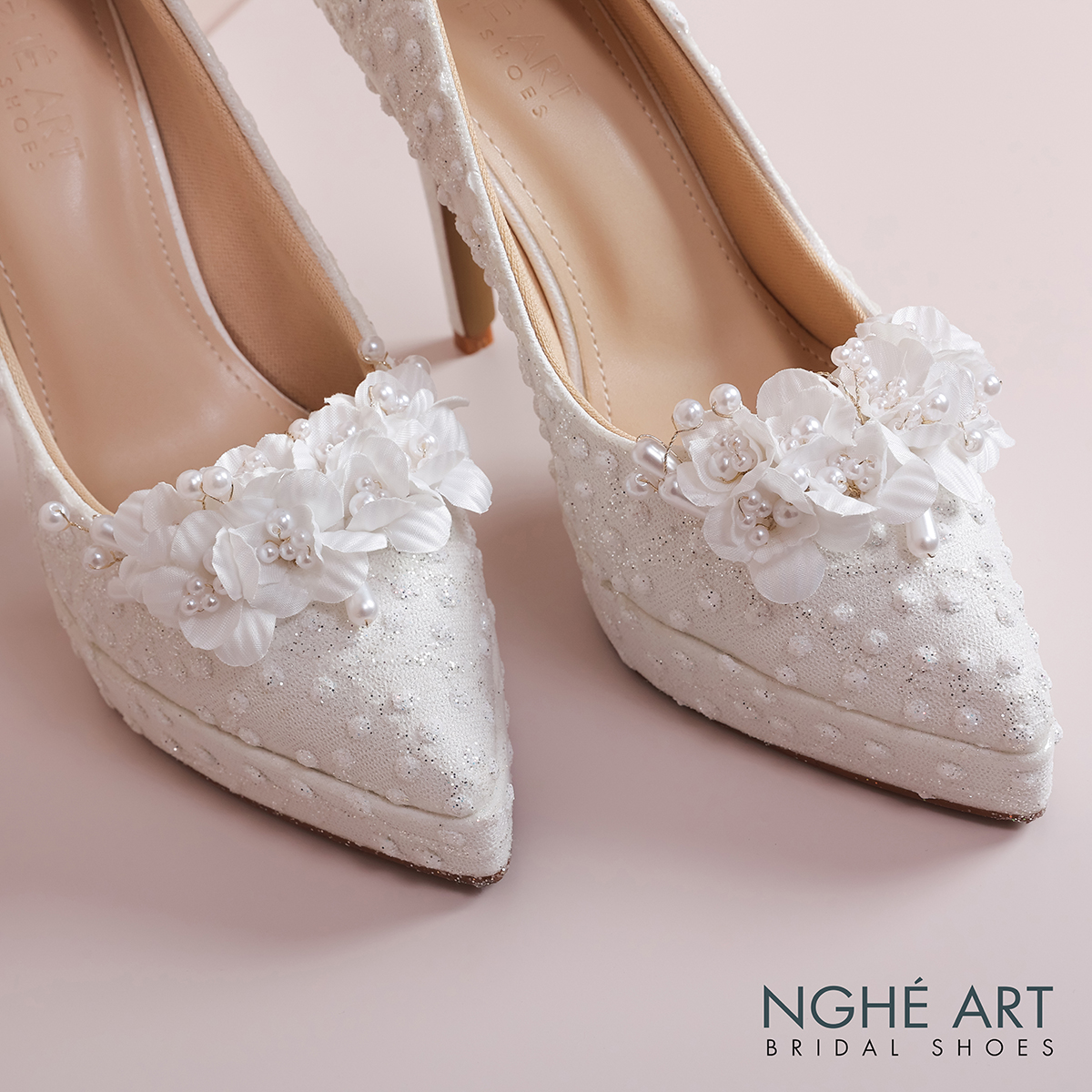 Giày cưới Nghé Art cao gót ren kim tuyến đính nhánh hoa thủ công 553-543-12P-NHU-TRANG - Ảnh 2 - Nghé Art Bridal Shoes – 0822288288