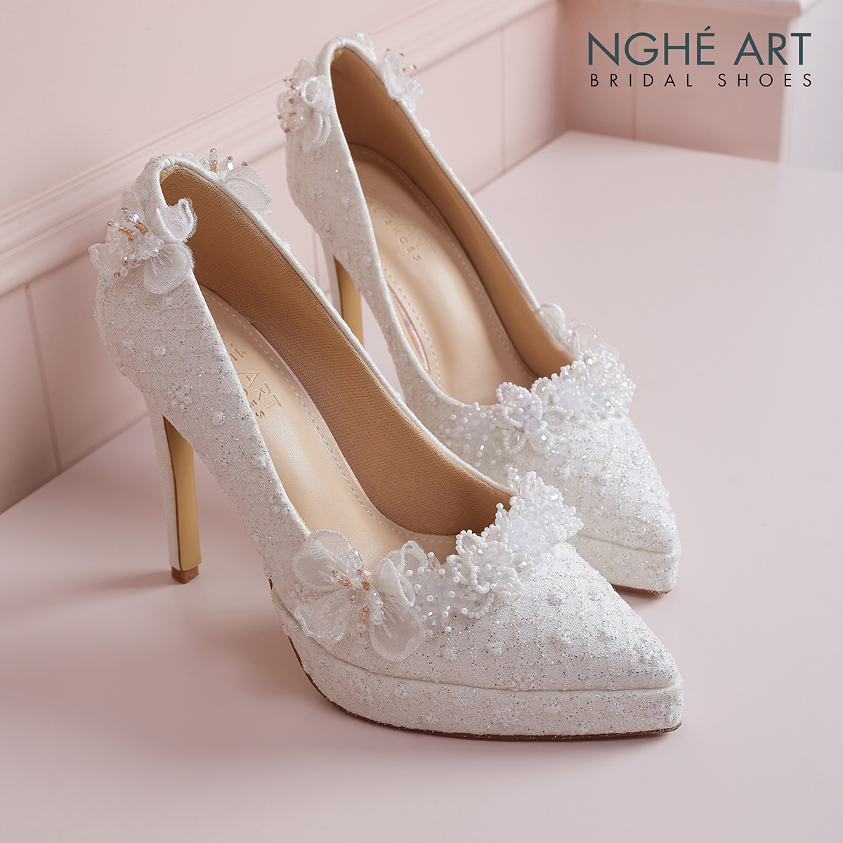 Giày cưới Nghé Art cao gót ren kim tuyến đính nhánh hoa thủ công 553-543-12P-NHU-TRANG - Ảnh 5 - Nghé Art Bridal Shoes – 0822288288