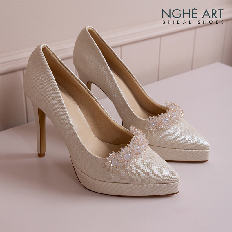 Giày cưới Nghé Art cao gót 12 cm đính hoa pha lê 554-VANG-543-12P-NHU-VANG - Ảnh 1 - Nghé Art Bridal Shoes – 0822288288