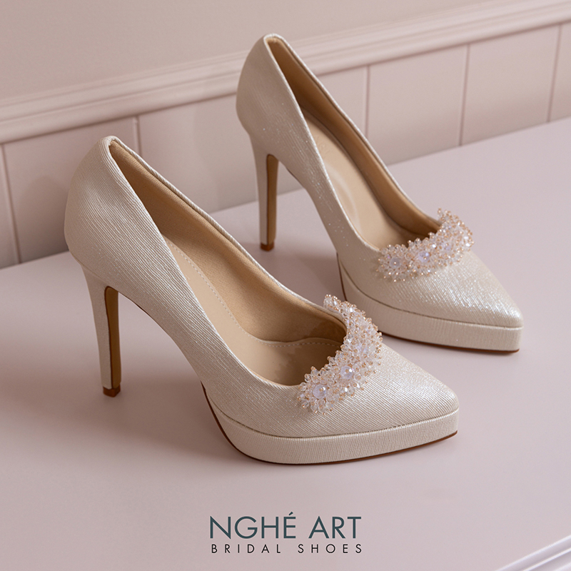 Giày cưới Nghé Art cao gót 12 cm đính hoa pha lê 554-VANG-543-12P-NHU-VANG - Ảnh 2 - Nghé Art Bridal Shoes – 0822288288