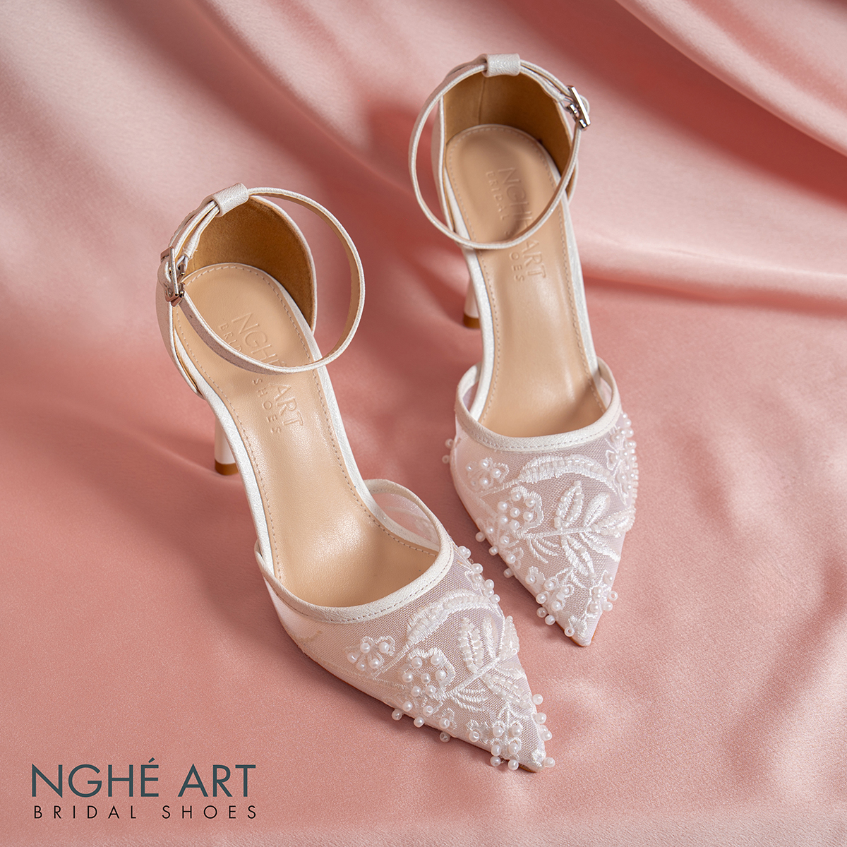 Giày cưới Nghé Art basic cao gót ren lưới thêu 556-9P-LUOI-TRANG - Ảnh 2 - Nghé Art Bridal Shoes – 0822288288