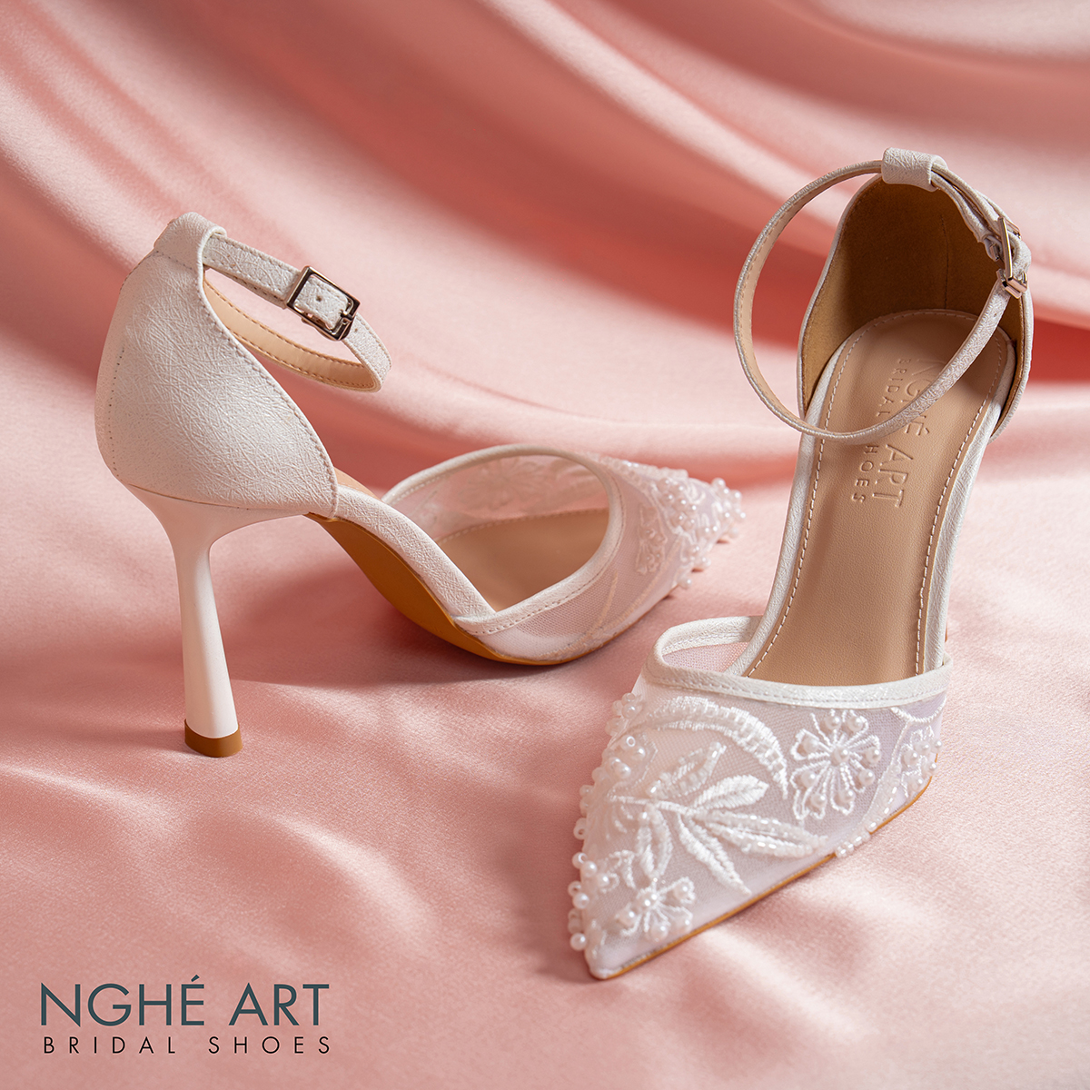 Giày cưới Nghé Art basic cao gót ren lưới thêu 556-9P-LUOI-TRANG - Ảnh 3 - Nghé Art Bridal Shoes – 0822288288