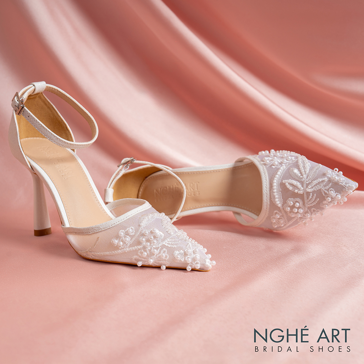 Giày cưới Nghé Art basic cao gót ren lưới thêu 556-9P-LUOI-TRANG - Ảnh 4 - Nghé Art Bridal Shoes – 0822288288