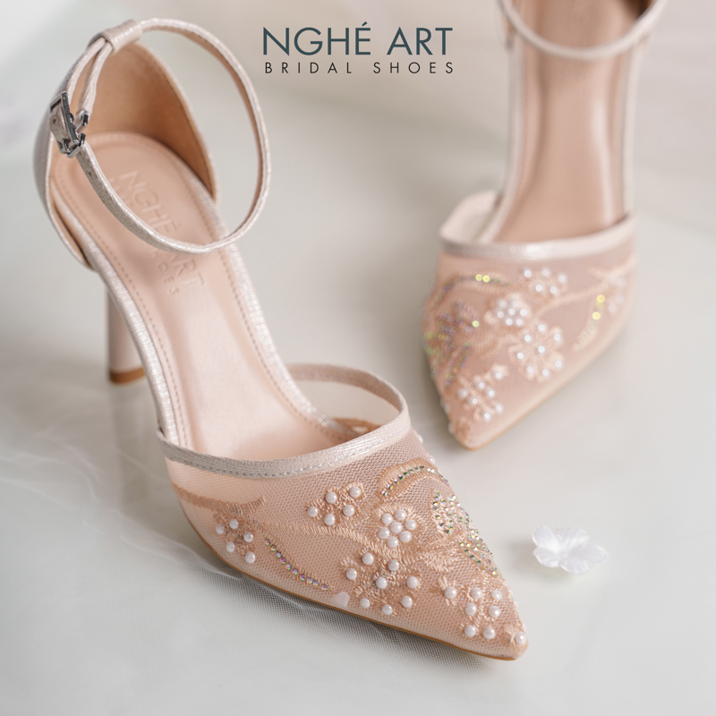 Giày cưới Nghé Art basic ren lưới thêu vàng champagne 556-9P-LUOI-VANG - Ảnh 1 - Nghé Art Bridal Shoes – 0822288288