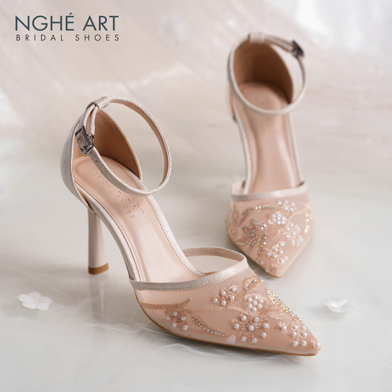 Giày cưới Nghé Art basic ren lưới thêu vàng champagne 556-9P-LUOI-VANG - Ảnh 2 - Nghé Art Bridal Shoes – 0822288288