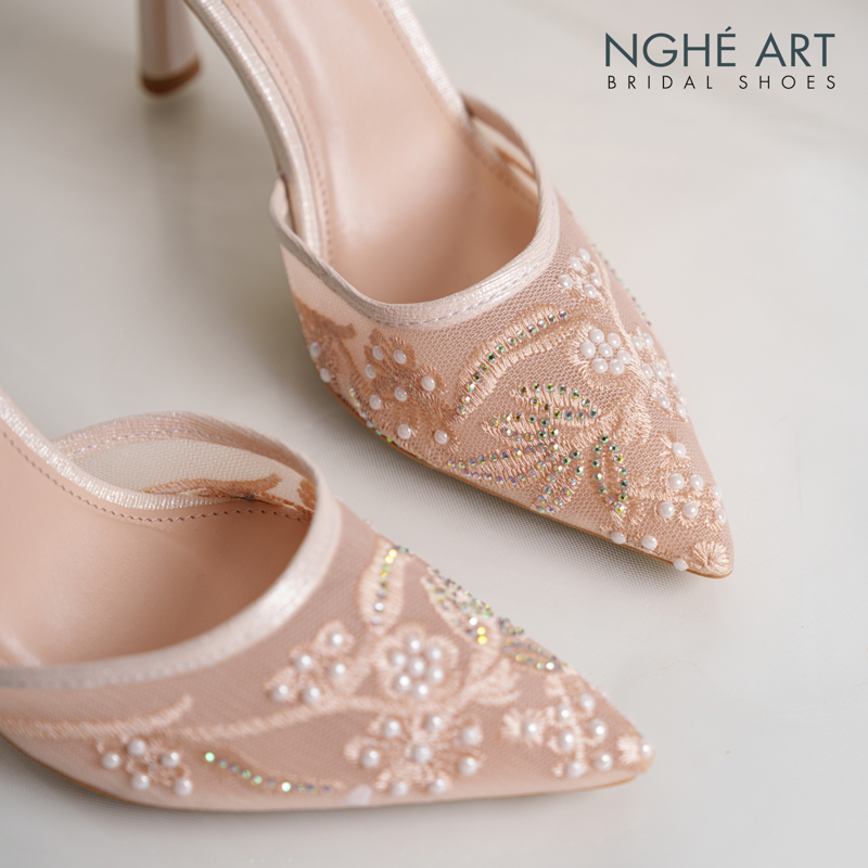 Giày cưới Nghé Art basic ren lưới thêu vàng champagne 556-9P-LUOI-VANG - Ảnh 3 - Nghé Art Bridal Shoes – 0822288288