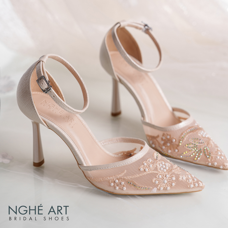 Giày cưới Nghé Art basic ren lưới thêu vàng champagne 556-9P-LUOI-VANG - Ảnh 4 - Nghé Art Bridal Shoes – 0822288288
