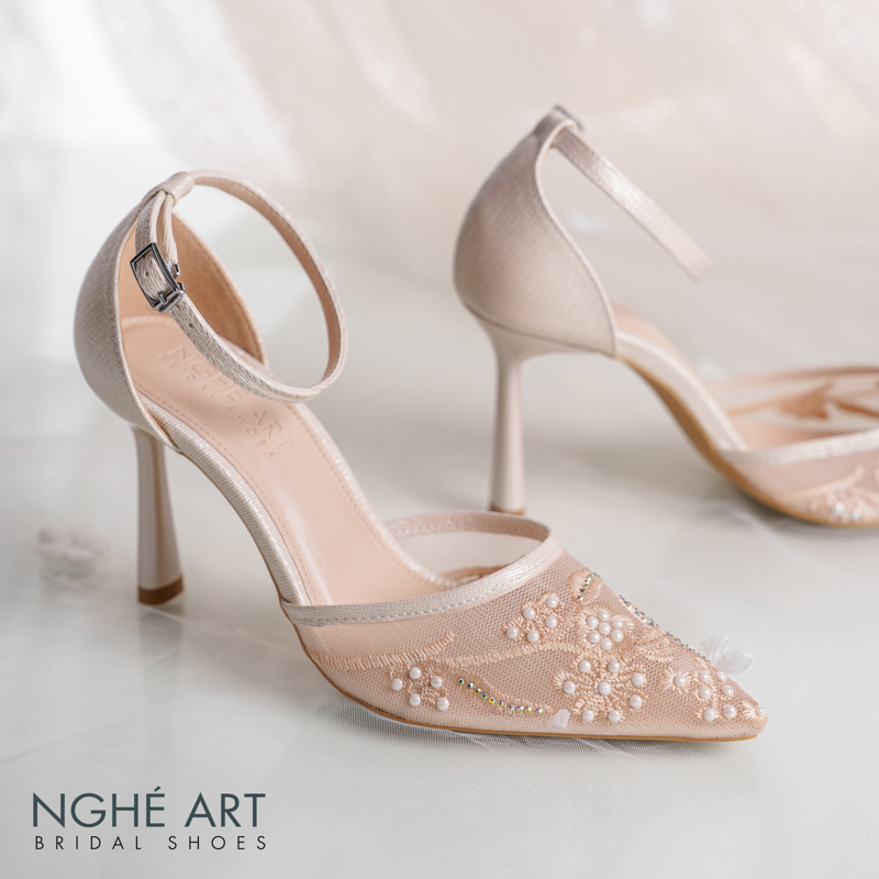 Giày cưới Nghé Art basic ren lưới thêu vàng champagne 556-9P-LUOI-VANG - Ảnh 5 - Nghé Art Bridal Shoes – 0822288288