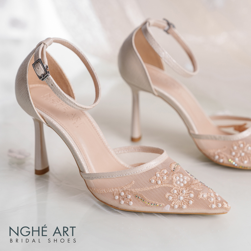 Giày cưới Nghé Art basic ren lưới thêu vàng champagne 556-9P-LUOI-VANG - Ảnh 6 - Nghé Art Bridal Shoes – 0822288288