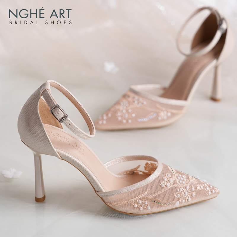 Giày cưới Nghé Art basic ren lưới thêu vàng champagne 556-9P-LUOI-VANG - Ảnh 7 - Nghé Art Bridal Shoes – 0822288288
