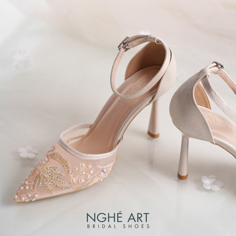 Giày cưới Nghé Art basic ren lưới thêu vàng champagne 556-9P-LUOI-VANG - Ảnh 8 - Nghé Art Bridal Shoes – 0822288288