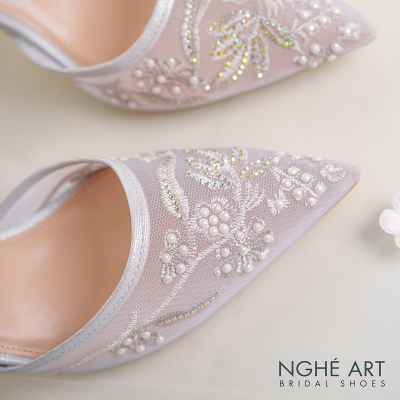 Giày cưới Nghé Art basic ren lưới thêu vàng champagne 556-9P-LUOI-XAM - Ảnh 1 - Nghé Art Bridal Shoes – 0822288288