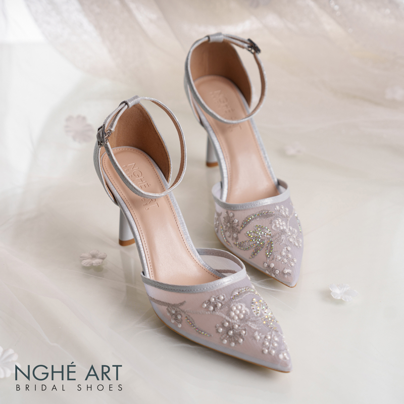 Giày cưới Nghé Art basic ren lưới thêu vàng champagne 556-9P-LUOI-XAM - Ảnh 3 - Nghé Art Bridal Shoes – 0822288288