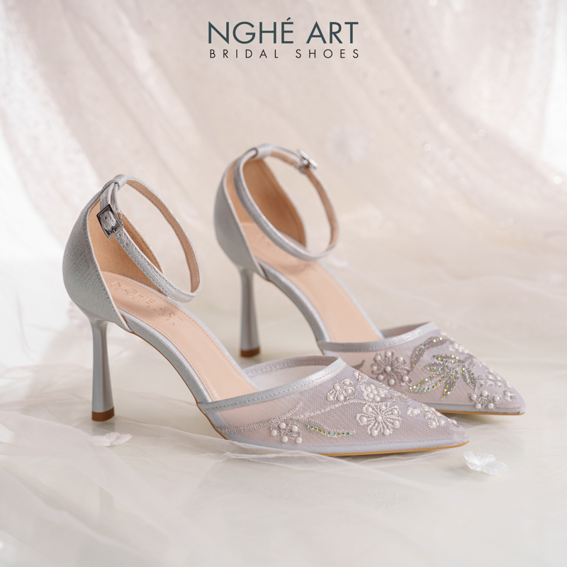 Giày cưới Nghé Art basic ren lưới thêu vàng champagne 556-9P-LUOI-XAM - Ảnh 5 - Nghé Art Bridal Shoes – 0822288288